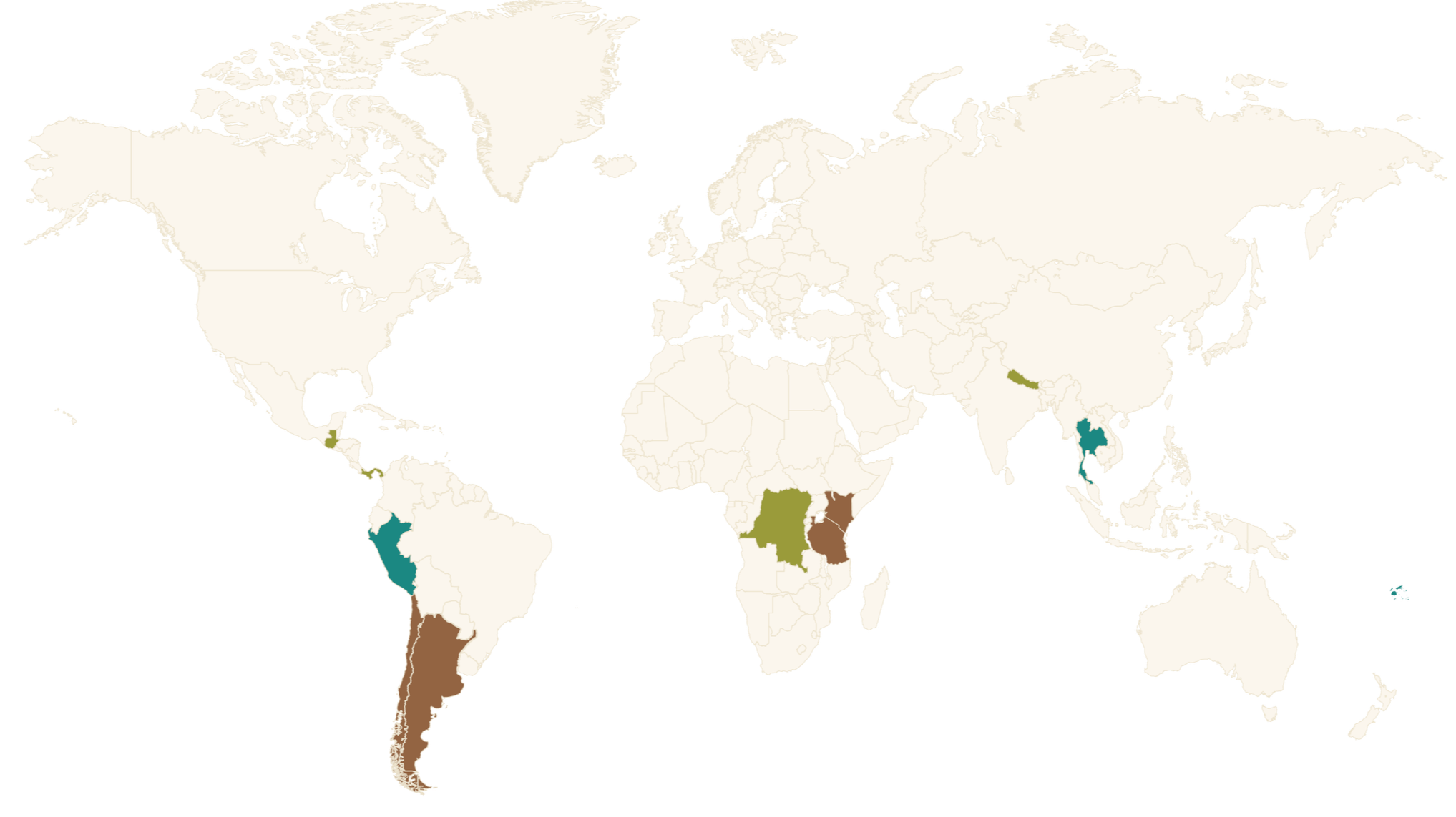 World map showing countries in different shades of green, brown, and blue, with most of the world in white.