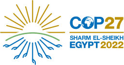 Logo for COP27 climate conference in Egypt, 2022, featuring a stylized sun and water rays.