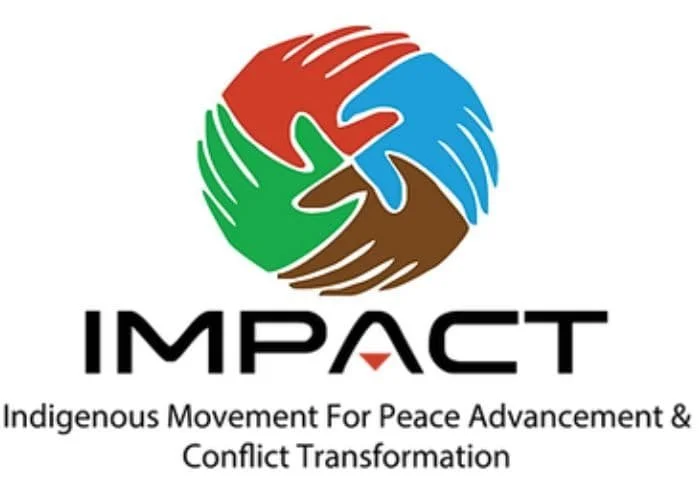 Logo of Impact with four colorful hands forming a circle and the words "IMPACT" and "Indigenous Movement For Peace Advancement & Conflict Transformation" below.