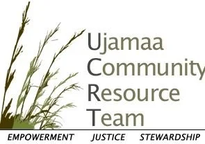 Ujamaa Community Resource Team logo with grass illustration and words empowerment, justice, stewardship