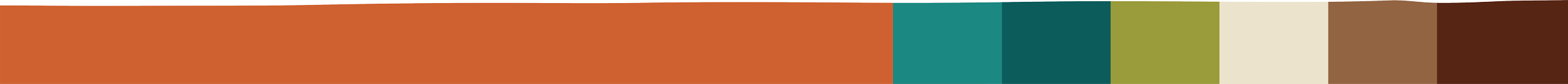 A color palette with various earth tones and shades, including orange, teal, green, beige, and brown.