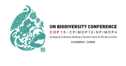 Logo for the UN Biodiversity Conference with a stylized turtle and animals forming a circular design, titled COP 15 in Kunming, China