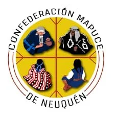 Logo of the Confederation Mapuche of Neuquén with four illustrated figures representing indigenous culture.