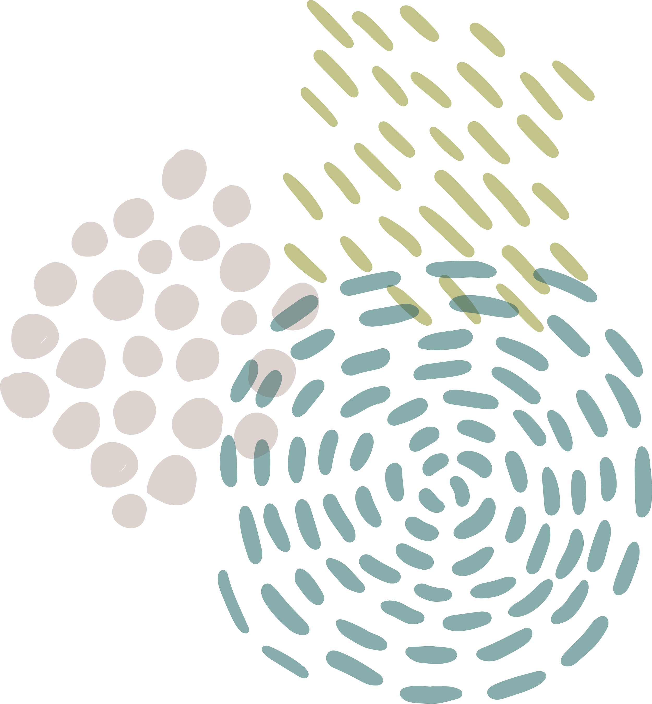 A colorful abstract digital artwork featuring overlapping shapes including brown circles, green ovals, blue rectangles, gray, and yellow lines and patches, arranged in a dynamic pattern with a spiral and wave-like elements.