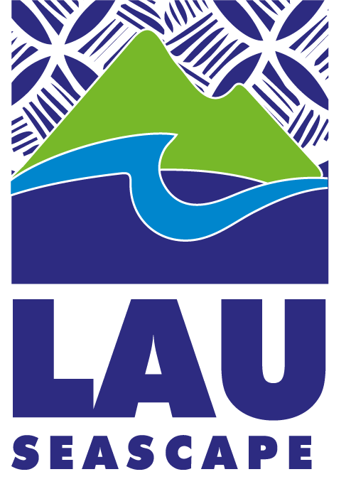 Logo with a mountain, waves, and trees above the text 'LAU SEASCAPE' in blue.