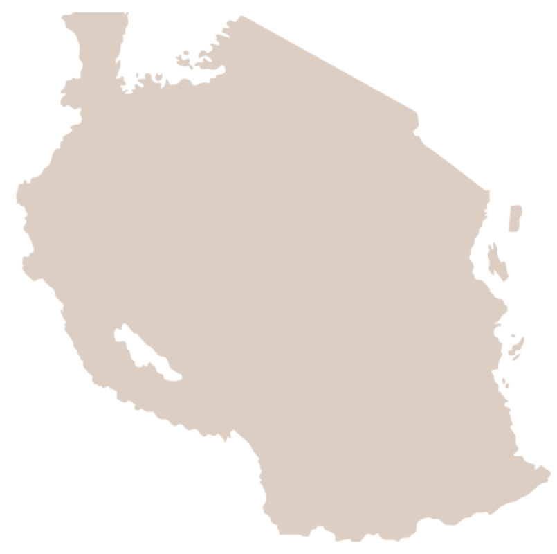 Silhouette of the country of Tanzania in brown on a black background.
