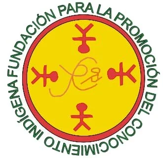 Circular logo with yellow background and red symbols. Green text around the circle reads 'Fundación Para La Promoción Del Conocimiento'. Red symbols inside the circle are connected with yellow lines.