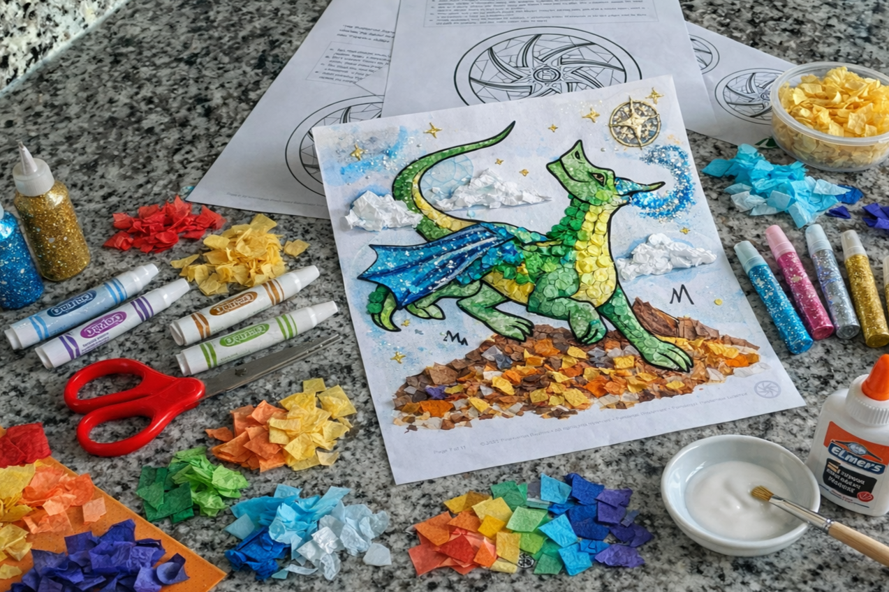 Transform Prismarion Realm Coloring Pages into Dragon Mosaics.