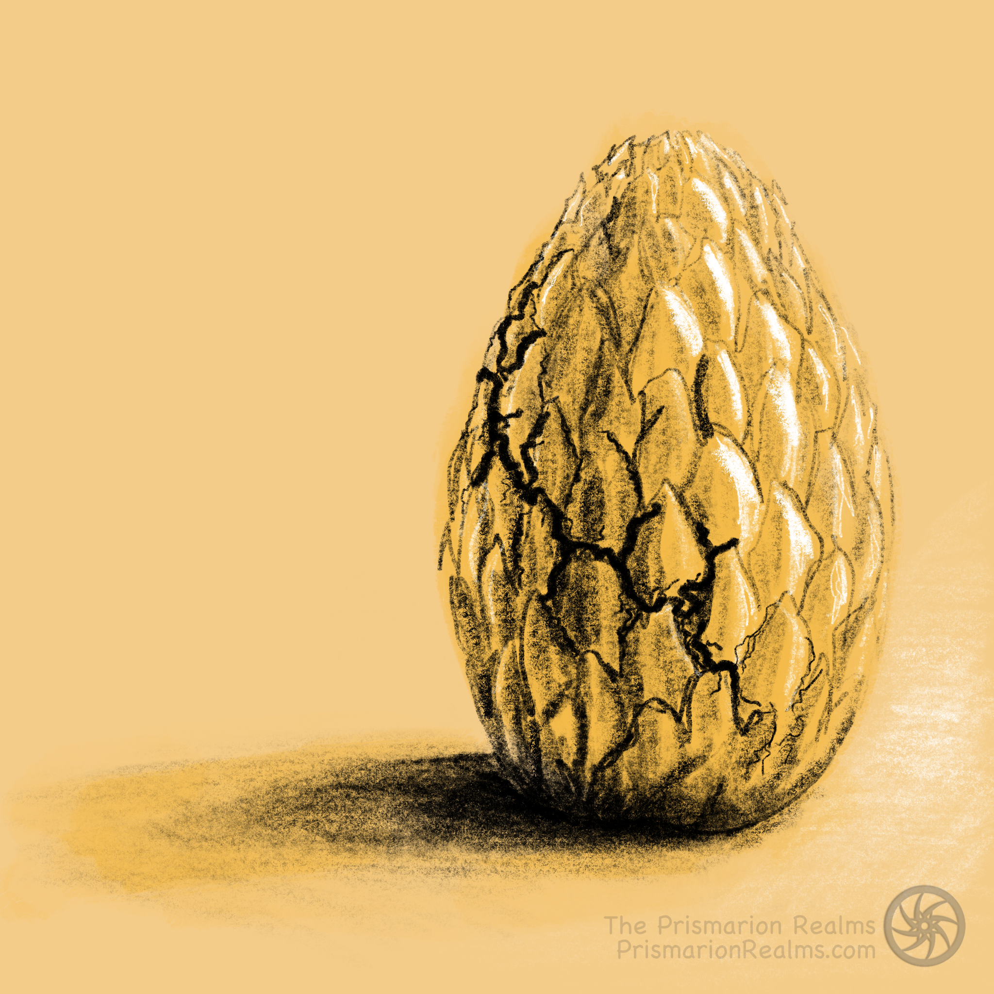 Charcoal-style dragon egg drawing created for Prismarion Realms