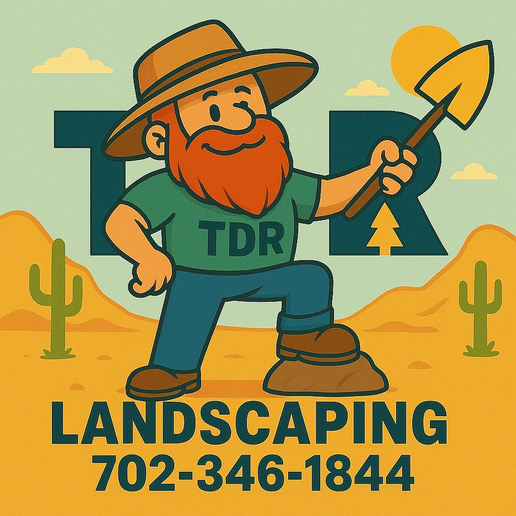 Cartoon character of a man with red beard and wearing a wide-brimmed hat, green TDR shirt, jeans, and boots, holding a shovel, standing in a desert landscape with cacti and mountains, with the text "LANDSCAPING" and a phone number, and background showing a large letter "T" and "R".