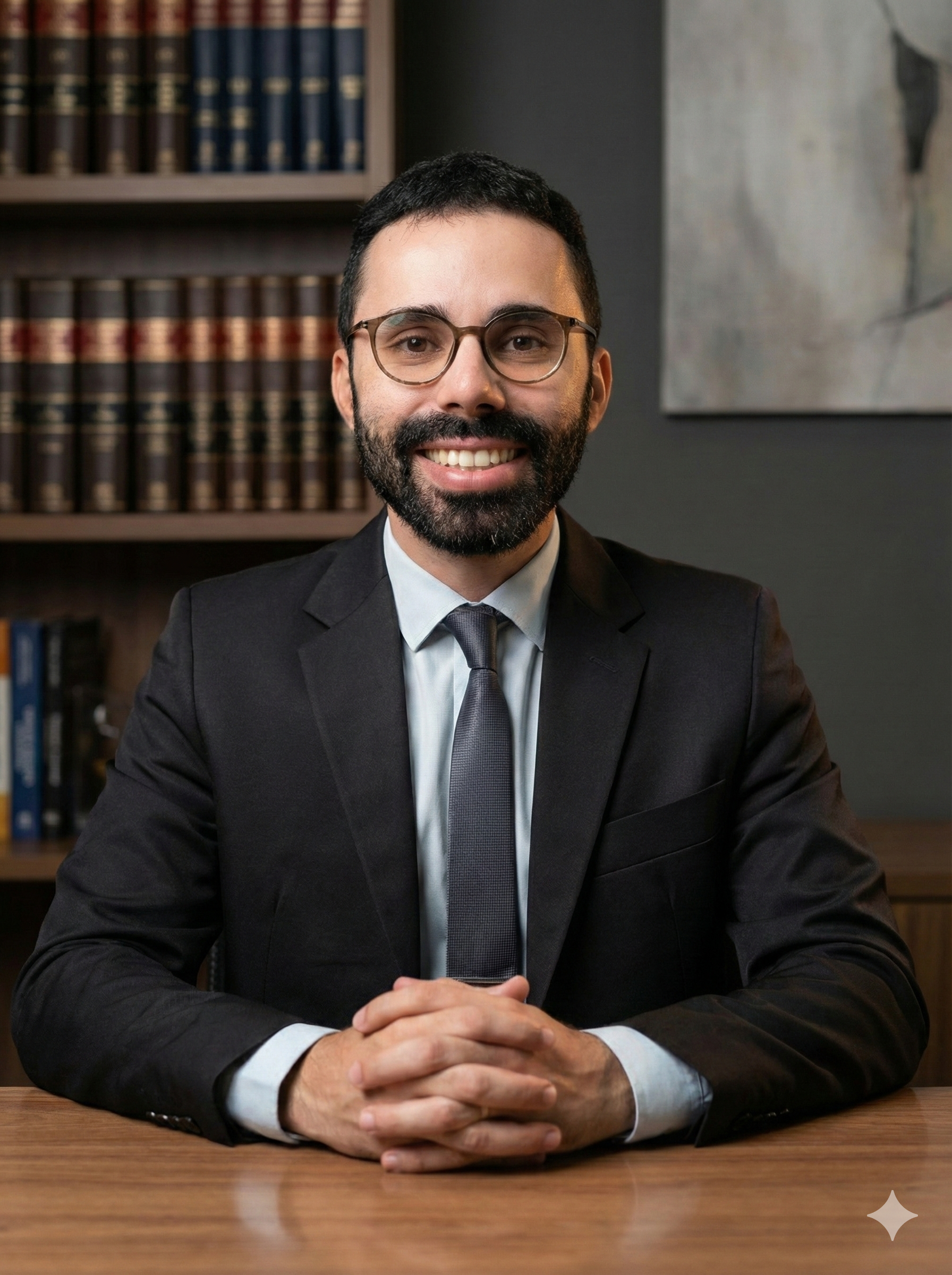 Homem de terno sentado em uma mesa, sorrindo, com livros de direito ao fundo.
