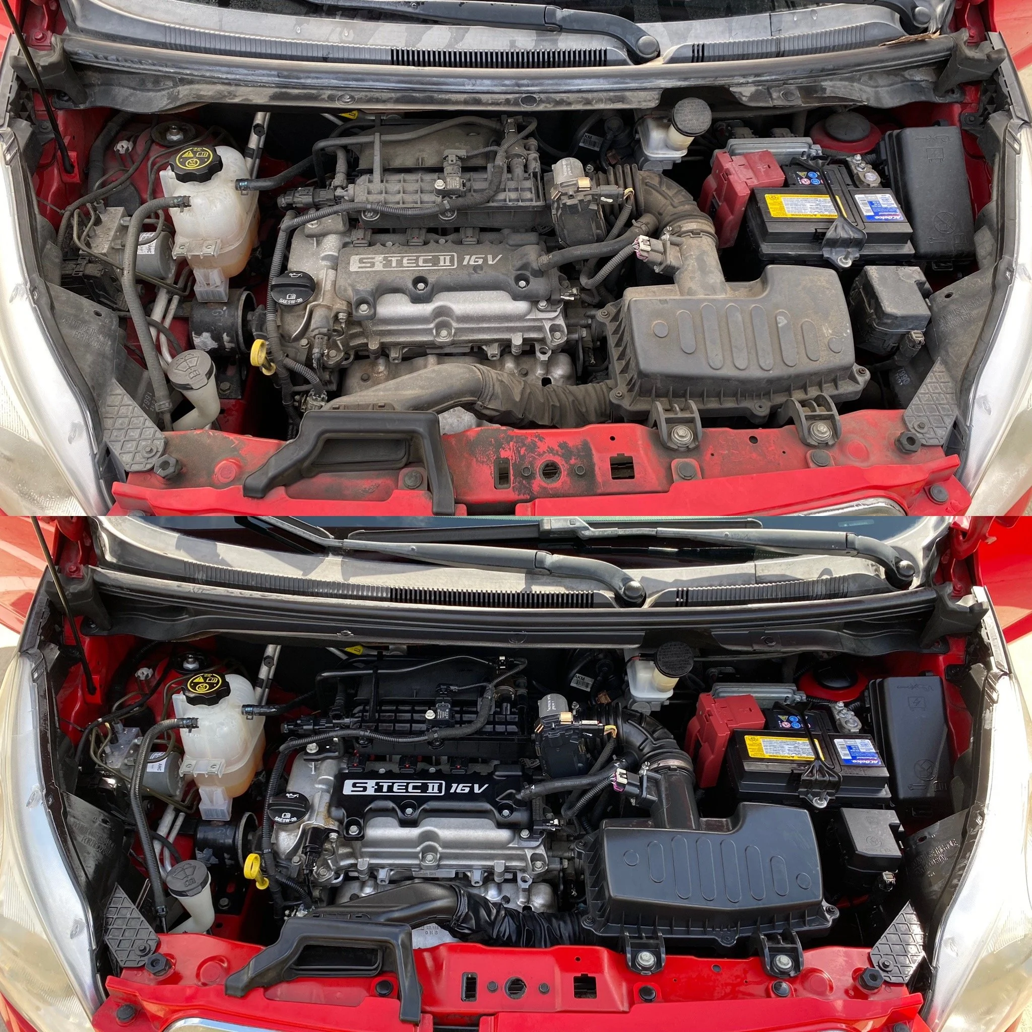 Comparison of car engine bay before and after cleaning, showing a dusty and dirty engine on top and a clean engine on the bottom.