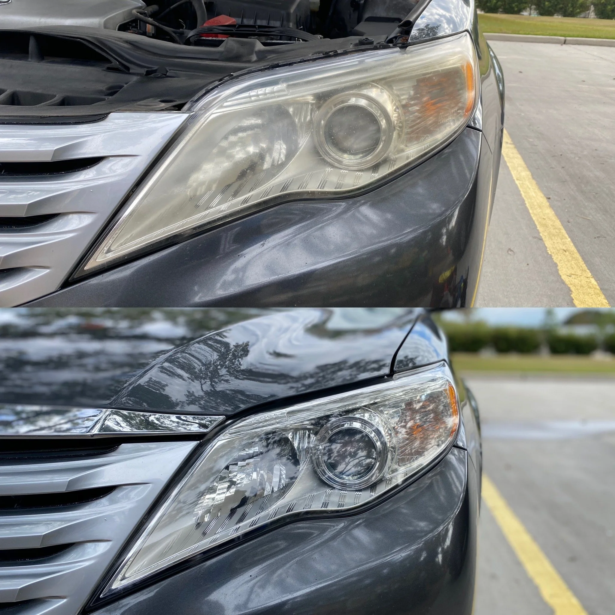 Comparison of car headlights: top image shows a cloudy, foggy headlight; bottom image shows a clear, clean headlight.