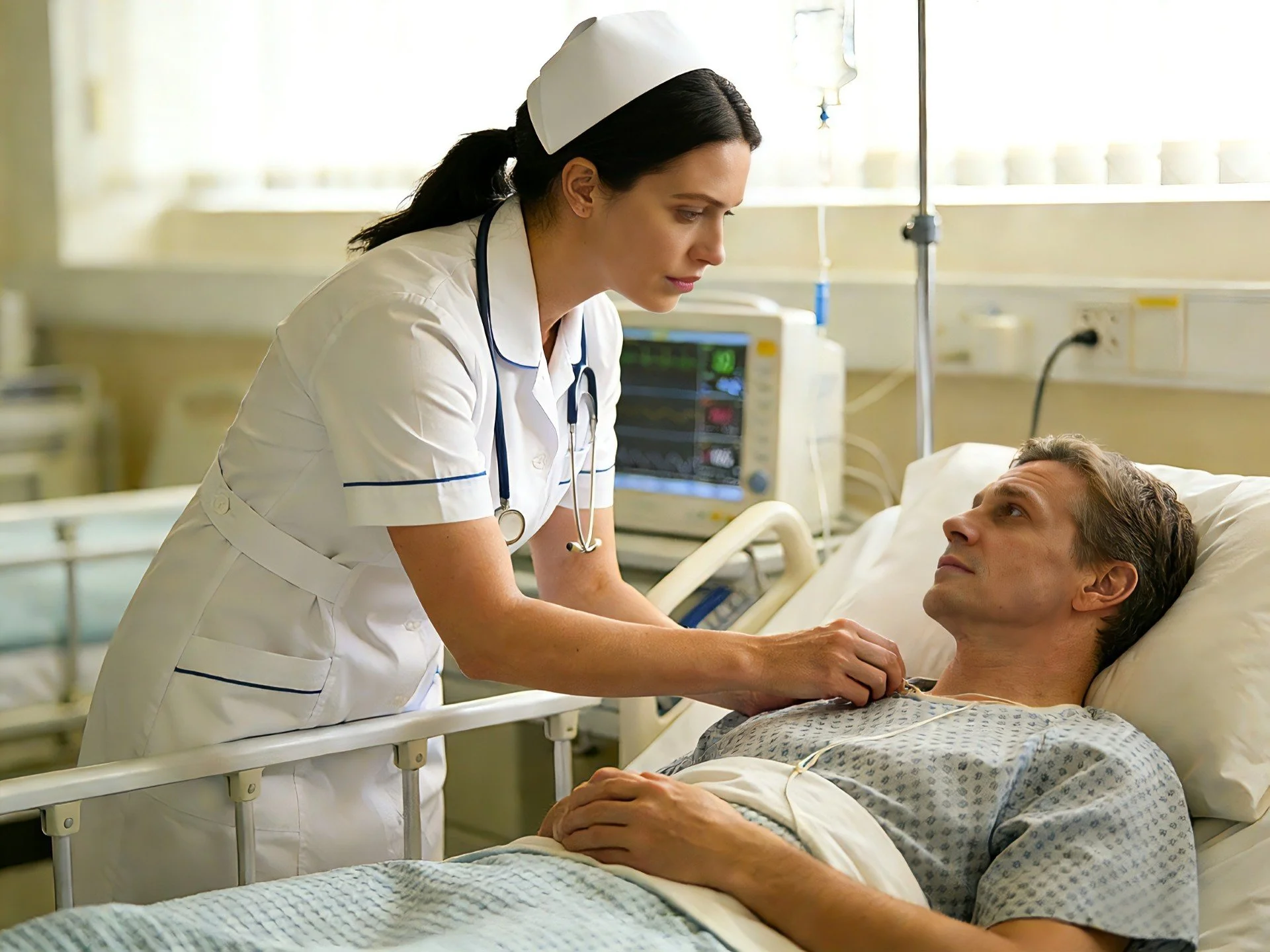 Una infermiera in abbigliamento da ospedale, con uno stetoscopio al collo, si prende cura di un uomo malato che è a letto in una stanza di ospedale, con strumenti medici sullo sfondo.