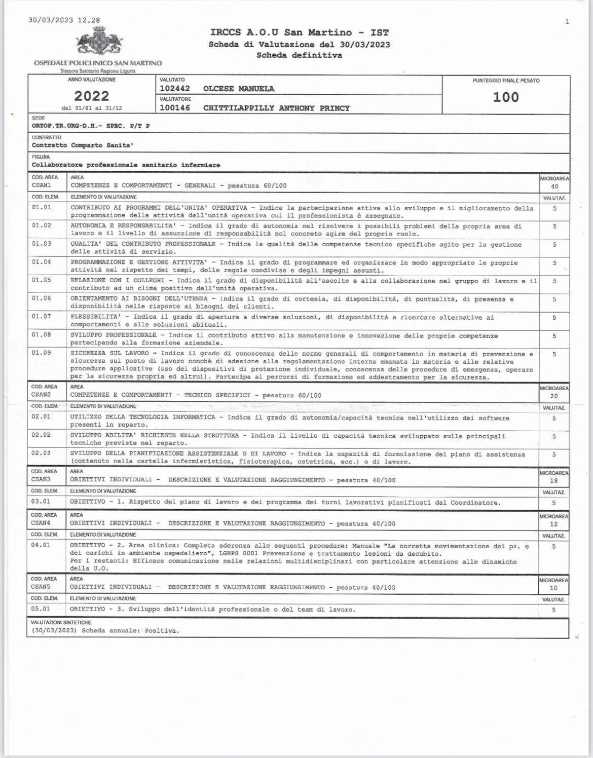Documento di valutazione medica con dettagli delle competenze e dei comportamenti professionali, dati di identificazione e punteggio finale.
