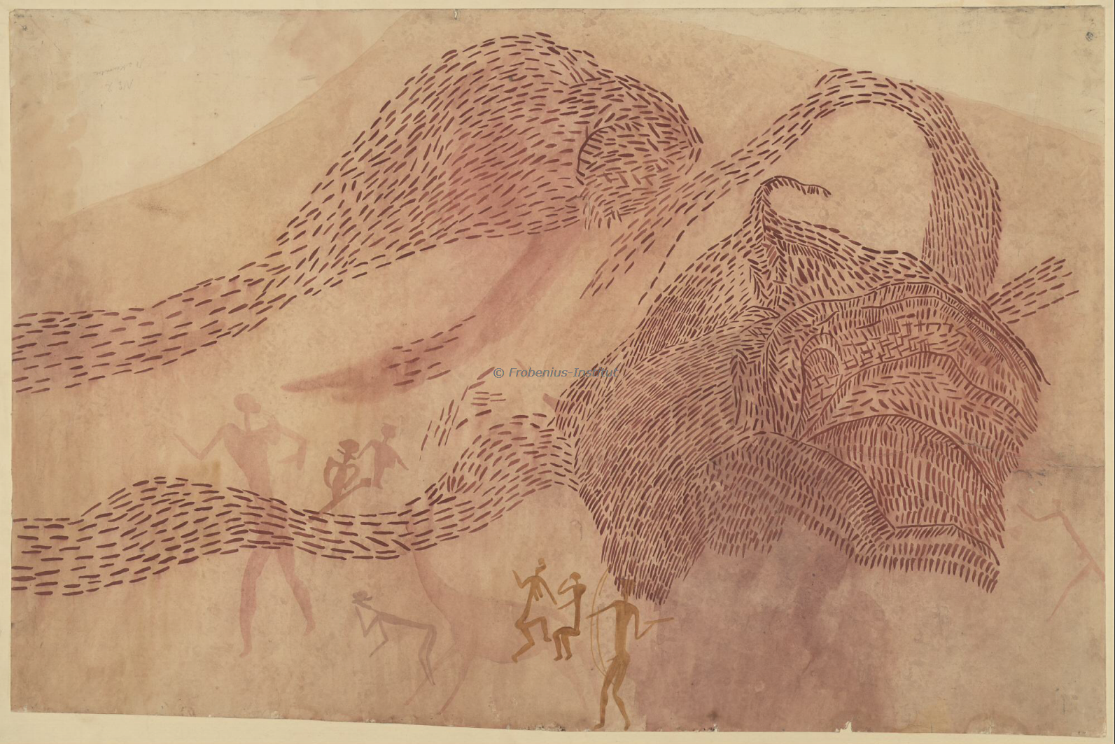 Ancient rock art depiction of abstract lines forming mountains with small human figures beneath it, some holding tools or weapons, on a reddish-brown rock surface.