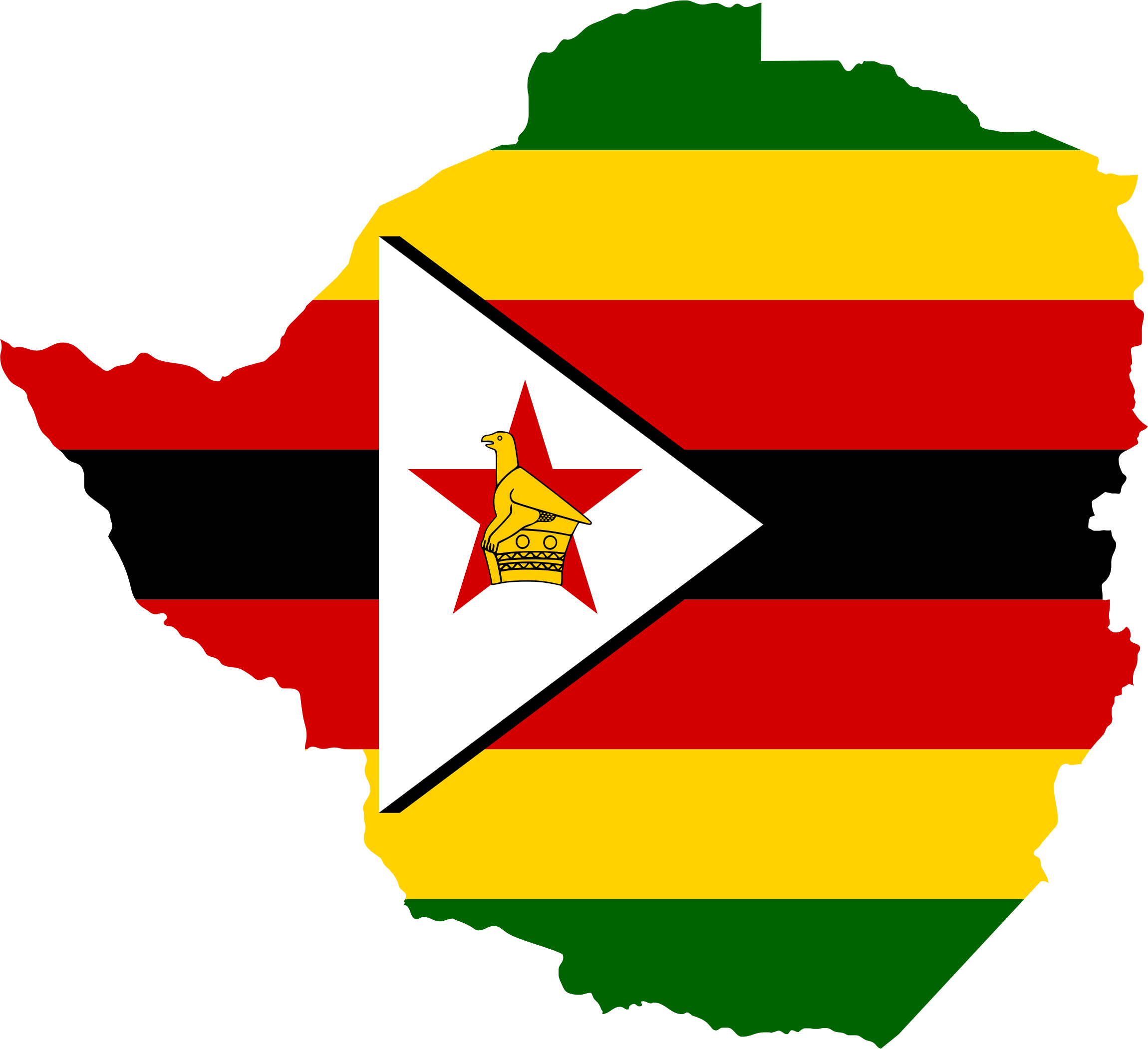 Outline of Zimbabwe filled with the Zimbabwean flag pattern, including green, yellow, red, black stripes, and a central white triangle with a red star and a Zimbabwe Bird emblem.