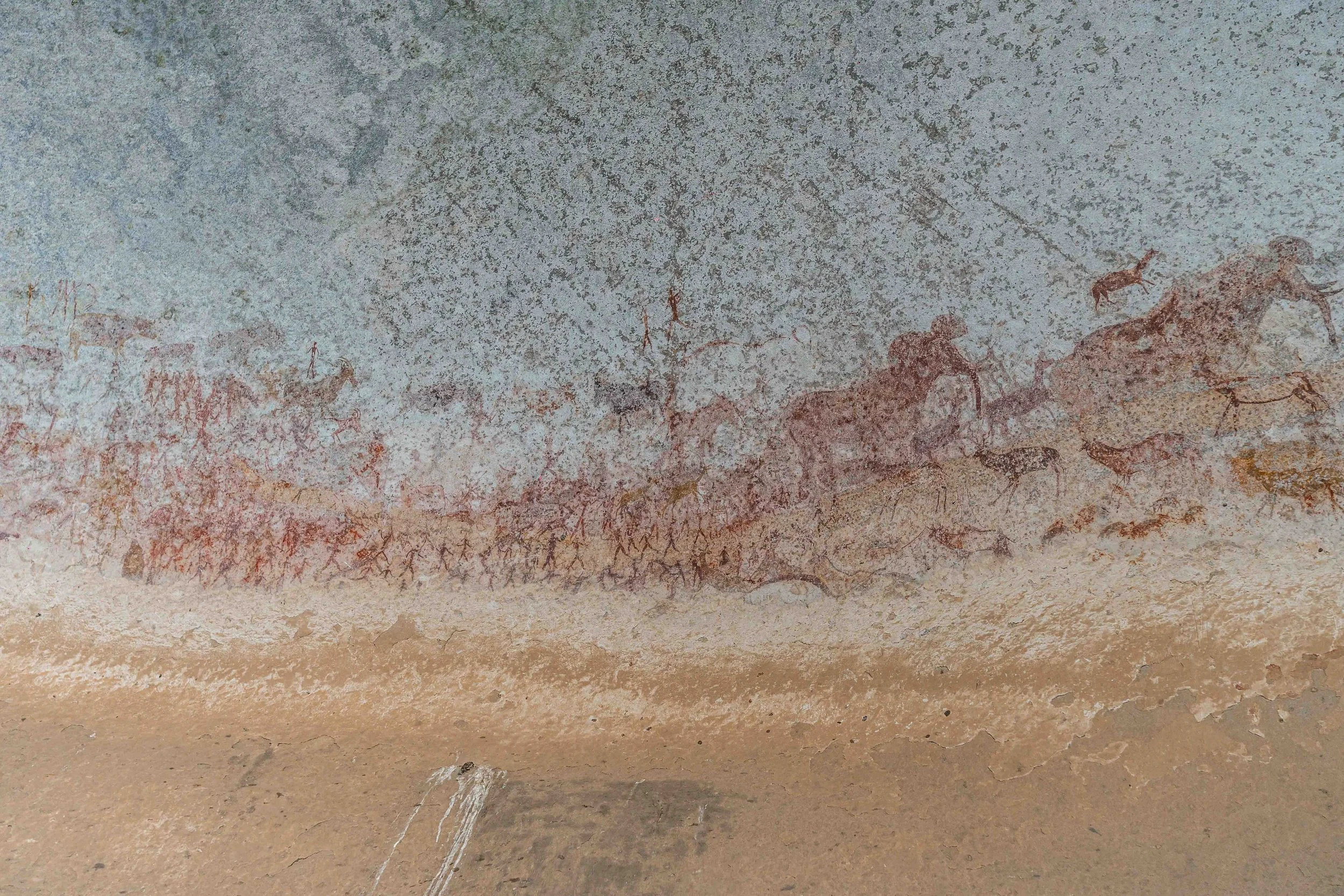 Ancient cave paintings of animals and humans on a rock wall.