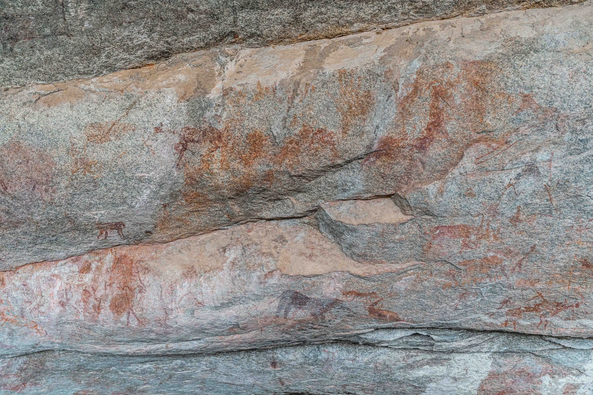 A close-up photograph of a rock surface featuring ancient cave paintings, including figures and animals painted in reddish and ochre colors.