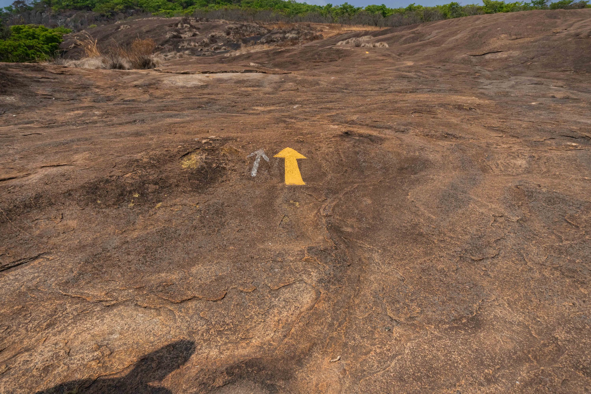 A flat rocky surface with two arrows painted on it, one yellow pointing upward and a smaller gray arrow to the left of the yellow arrow.