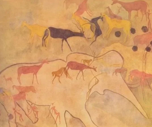 Ancient cave painting depicting various animals like deer and elephant in red, yellow, black, and brown colors.