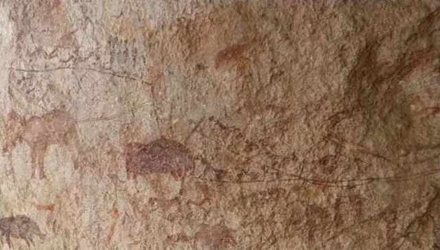 Ancient cave wall with faded cave paintings of animals and abstract markings.