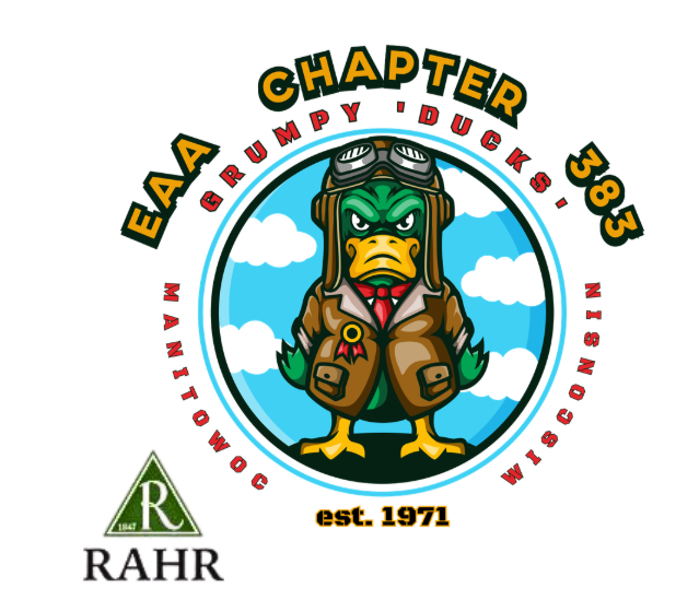 Cartoon duck wearing goggles and a brown bomber jacket, standing against a sky with clouds, with a circular border containing text about a chapter and organization.