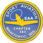 Logo of Sport Aviation Chapter 383 from Manitowoc, Wisconsin, featuring a yellow airplane silhouette on a blue circle background with white and yellow text.
