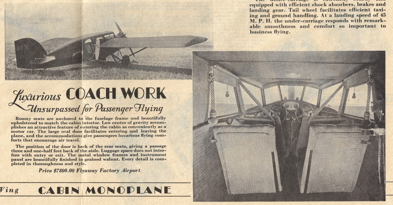 Black and white photo of a vintage monoplane airplane outside on the grass and a photo of the cockpit interior of a vintage cabin monoplane aircraft.