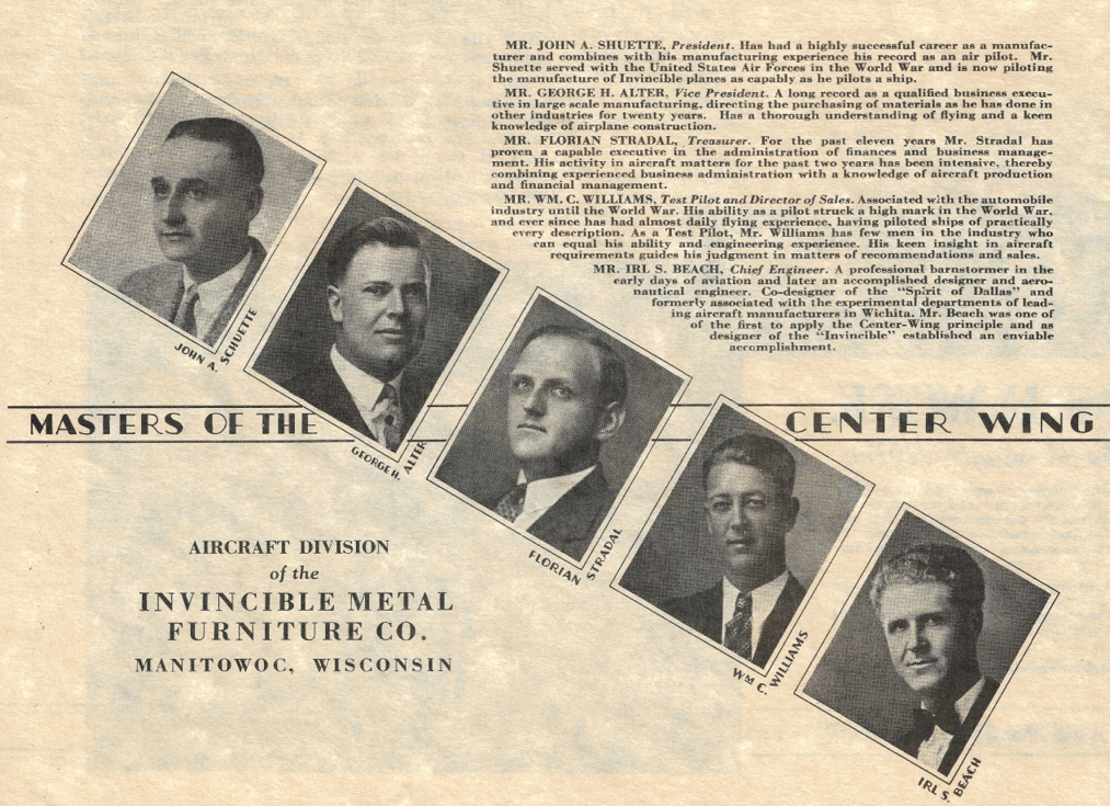 Black and white vintage advertisement featuring five photographs of men with their names: John A. Shutte, George H. Alter, Florian Stradal, Wm C. Williams, and IRL S. Beach. The ad promotes the aircraft division of Invincible Metal Furniture Co. in Manitowoc, Wisconsin, highlighting their expertise and leadership in aircraft manufacturing.