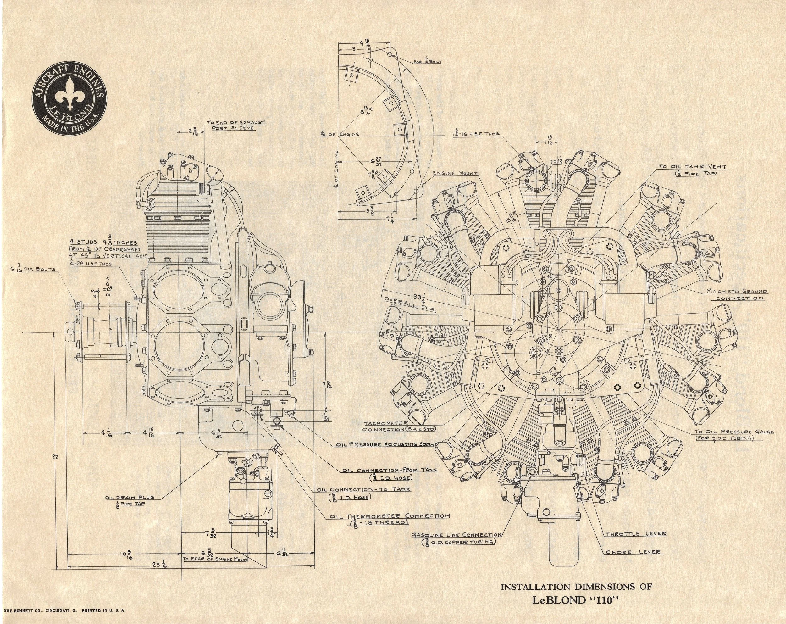 Technical blueprint drawing of aircraft engine parts with detailed measurements and annotations, including engine mount, exhaust port, and oil connections.