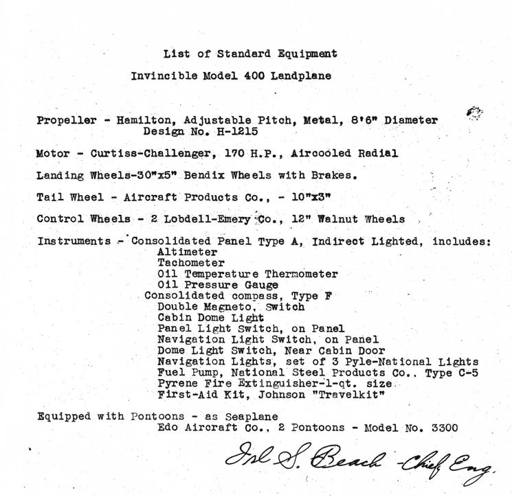 A typed list of standard equipment for an Invincible Model 400 Landplane, including propeller, motor, landing wheels, tail wheel, control wheels, instruments, navigation and landing lights, fuel pump, fire extinguisher, and pontoons.