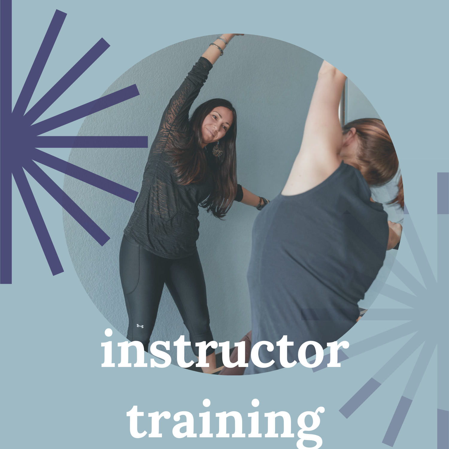 Two women participating in instructor training, one assisting with stretching exercises in a fitness class.