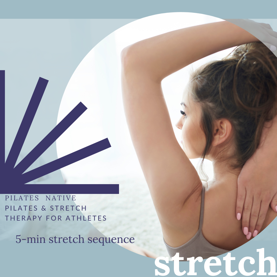 A woman performing a stretch with her arm over her head, with text about Pilates and stretch therapy.