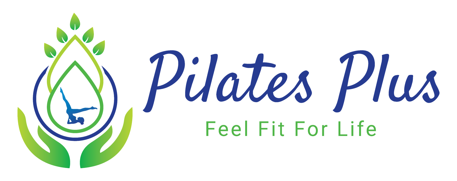 Logo for Pilates Plus featuring a person doing a Pilates pose inside a water droplet surrounded by hands and leaves, with the text 'Pilates Plus Feel Fit For Life' underneath.