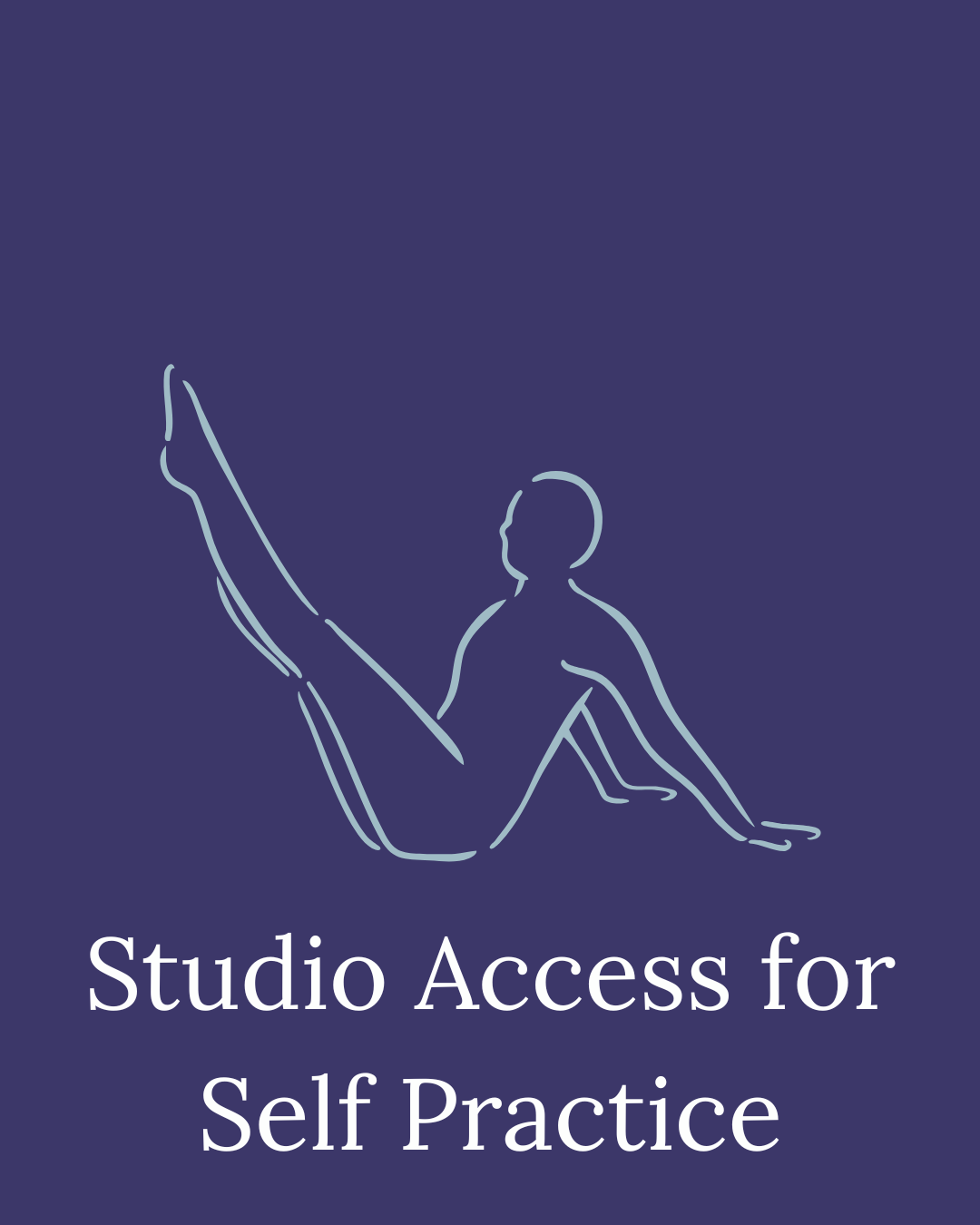 Line drawing of a person doing a Pilate exercise, with the left leg extended upward and the right leg bent, on a dark background with the text 'Studio Access for Self Practice'.