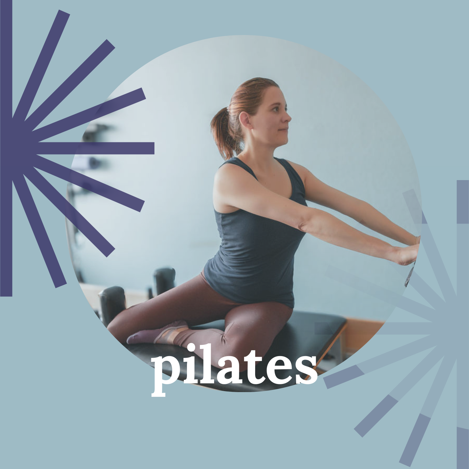 A woman doing pilates on a mat in a fitness studio.