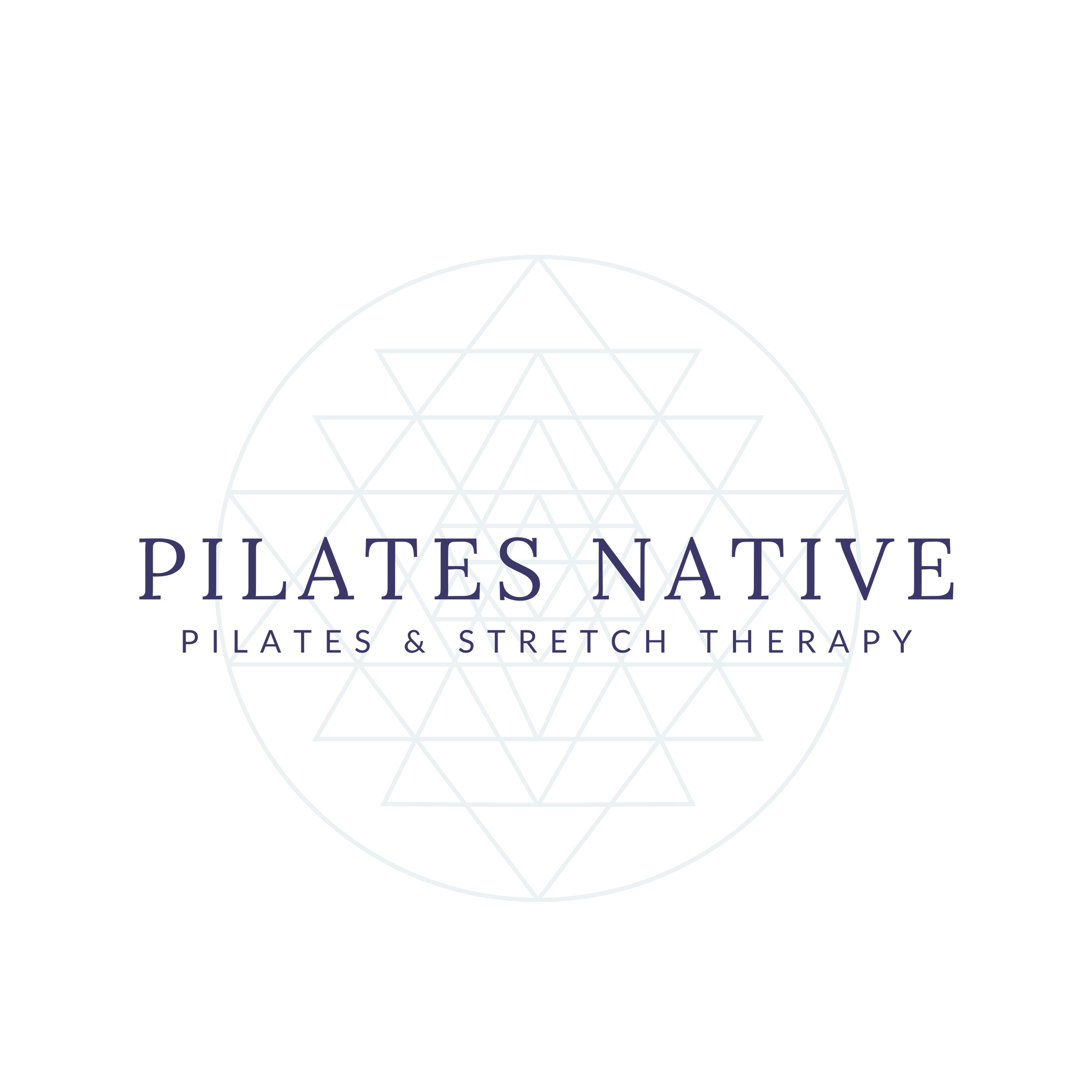 Logo for PilatesNATIVE studio featuring geometric mandala design with overlapping triangles and circles, and text 'PilatesNATIVE Pilates & Stretch Therapy' in purple on a black background.