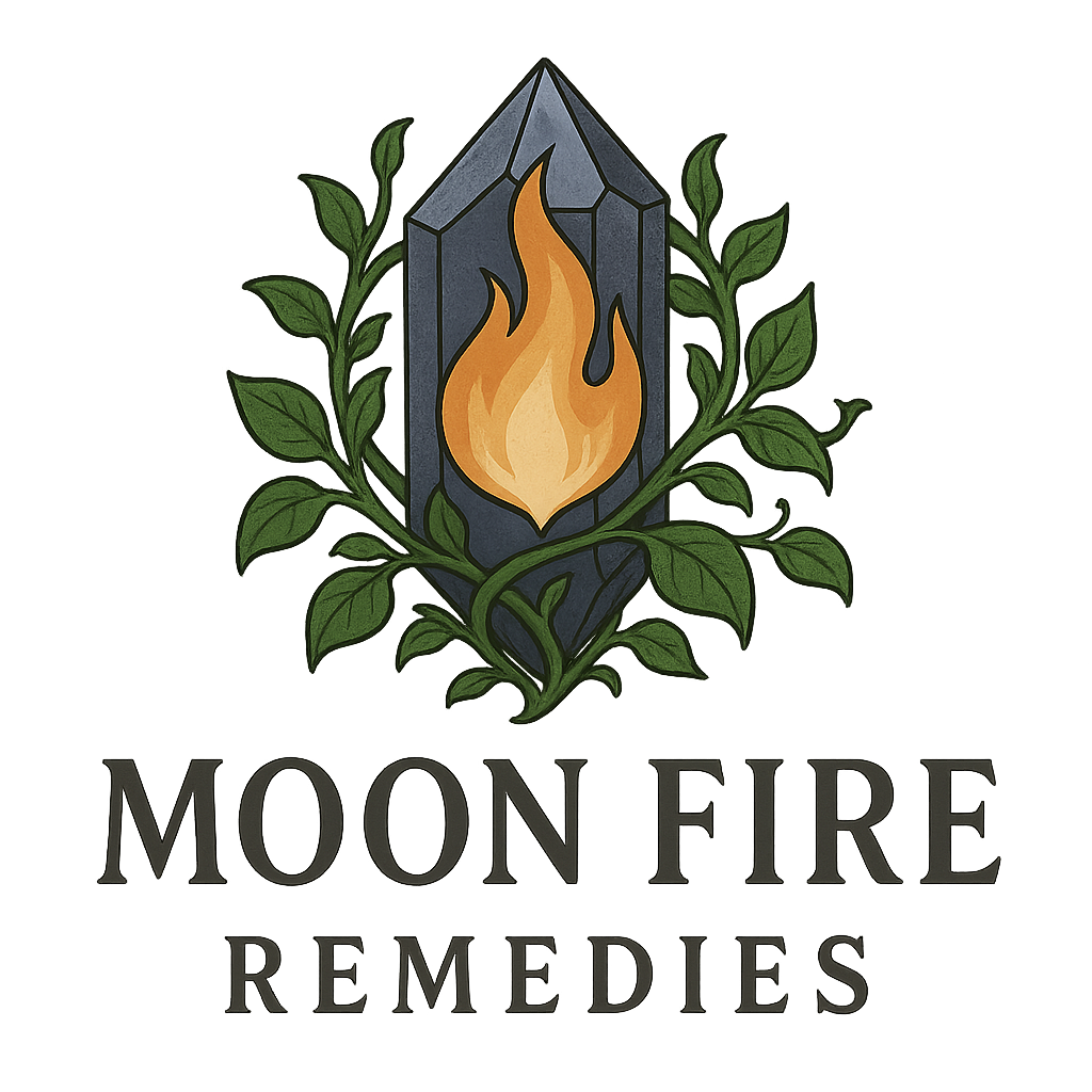 A logo for Moonfire Remedies featuring a black hexagonal stone with a flame symbol in the center, surrounded by green leafy vines, and the brand name appears below the emblem.