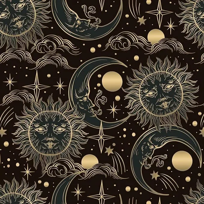 A celestial pattern featuring stylized suns with human faces, crescent moons with faces, stars, clouds, and dots, all in gold and black tones.