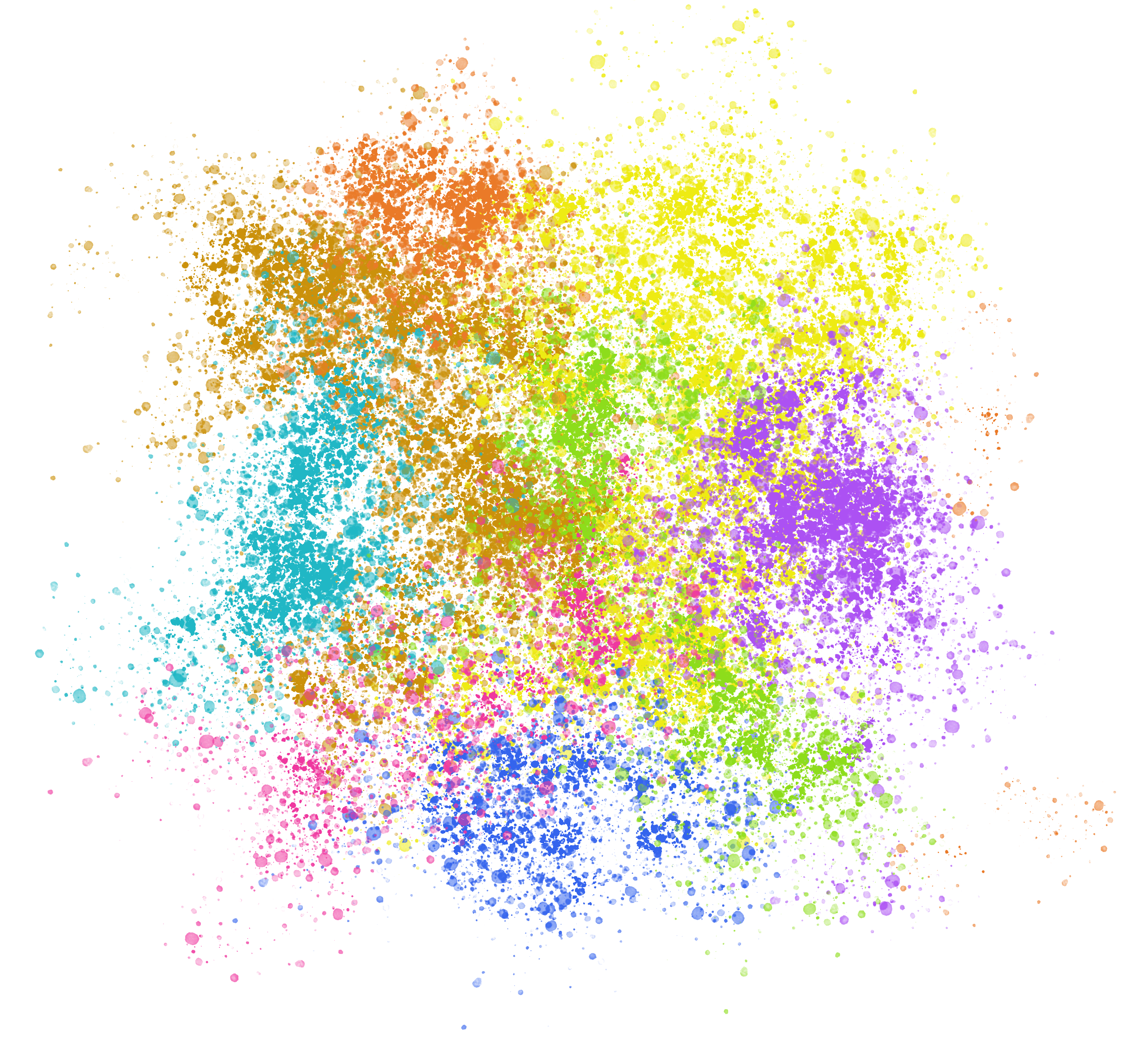 Colorful cloud of paint splatters in various colors on a white background.