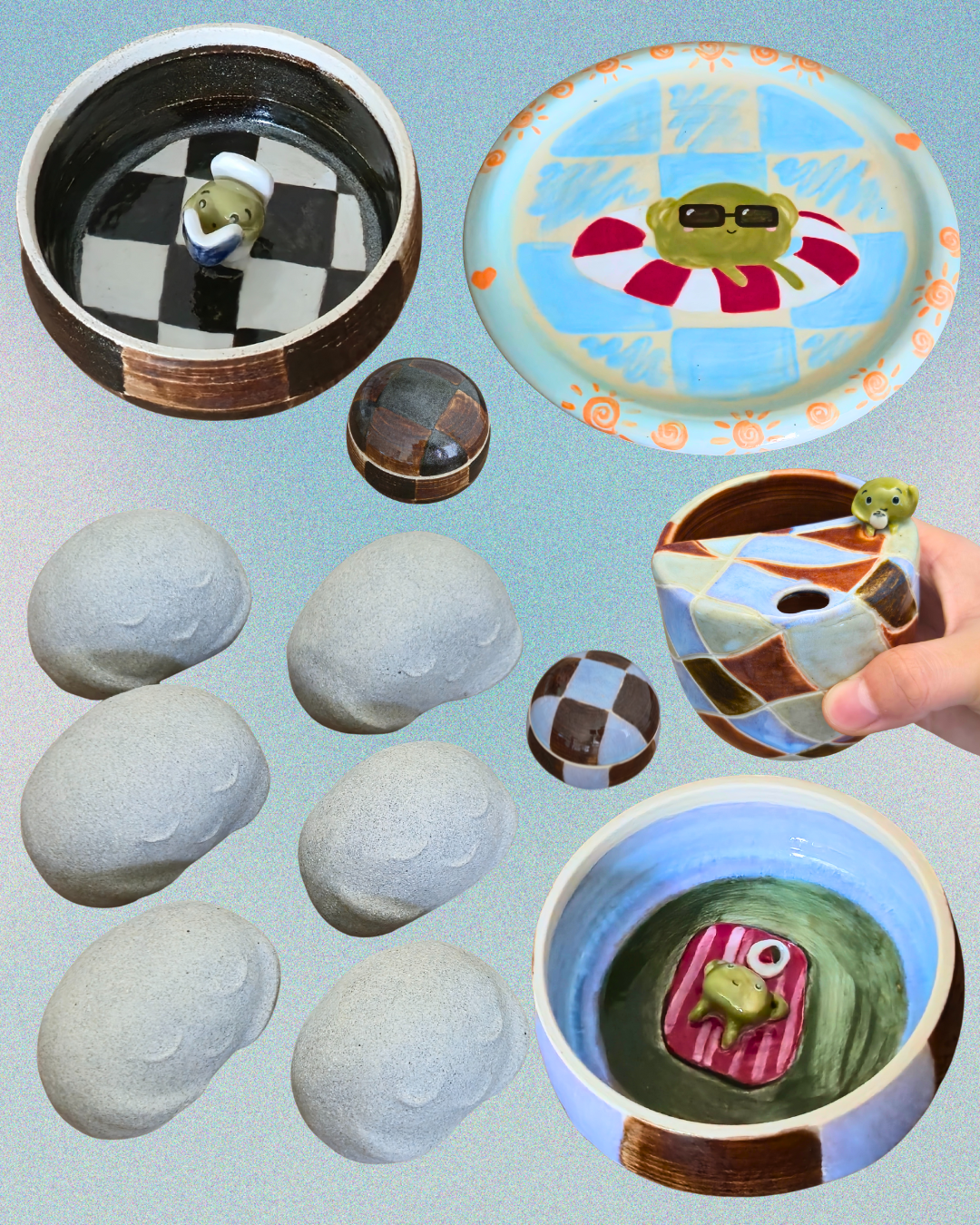 Collection of various small ceramic and stone objects, including bowls with painted designs, a small container with a frog figurine, and several smooth pebbles. Some bowls feature frog and lily pad motifs, with one being held in a hand.