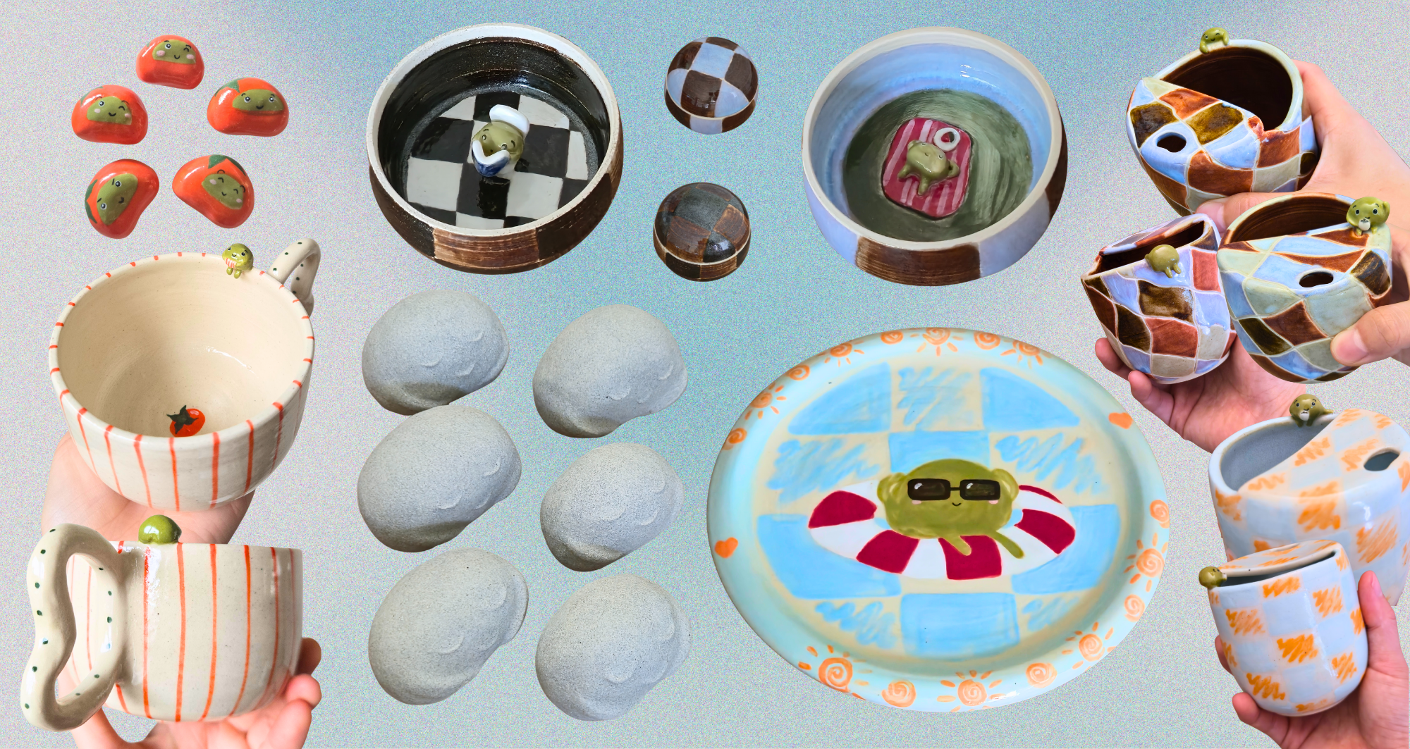 Collection of quirky, colorful pottery and ceramic items including cups, bowls, and small figurines, some with whimsical designs and characters, arranged on a light background.