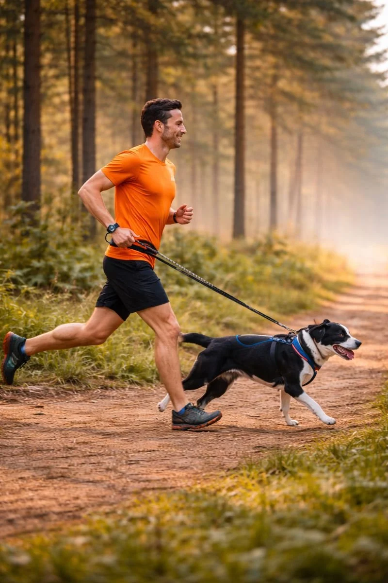 A man running with a black and white dog on a trail in a forest.