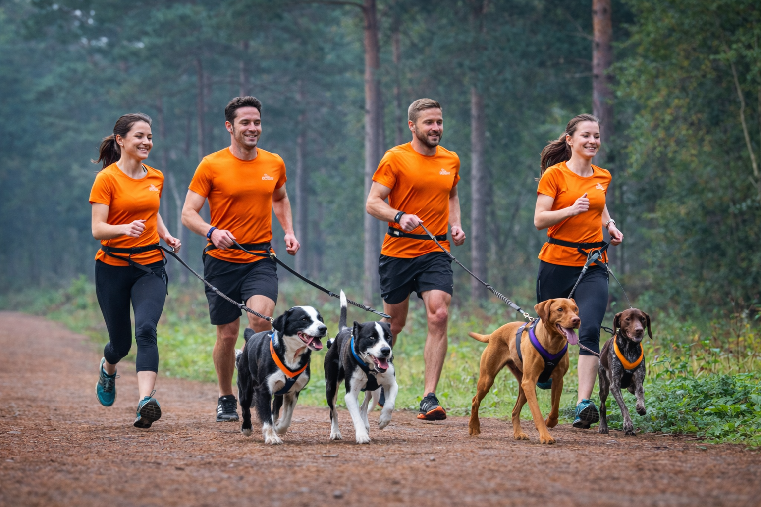 Four people running in a wooded trail with their four dogs, all wearing orange shirts.