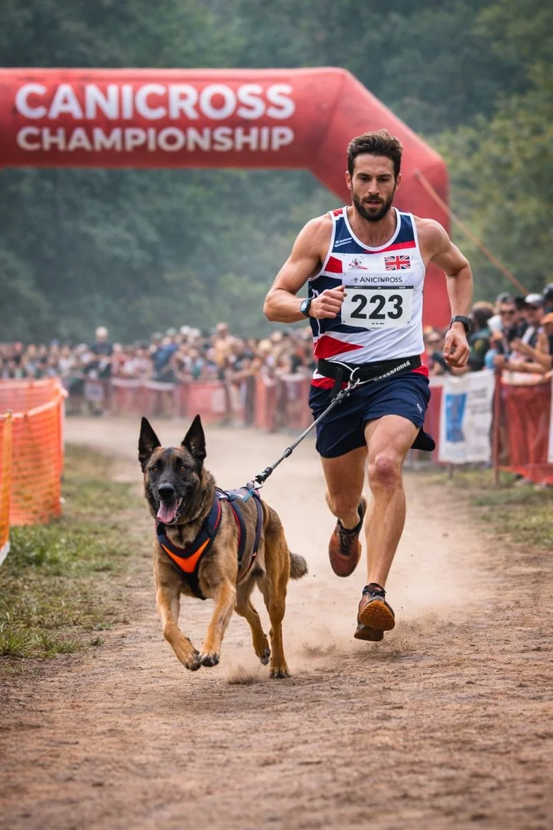 A man running in a race with a dog on a leash during the Canicross Championship, with a crowd of spectators in the background.