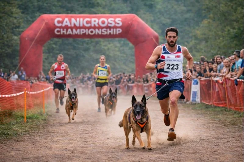 A man running in a dog race with four German Shepherds near the finish line, with a crowd on the side and an inflatable arch that reads 'CANICROSS CHAMPIONSHIP'.