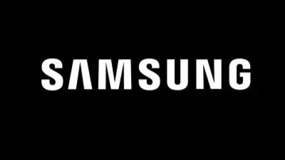 Samsung logo in white on a black background.