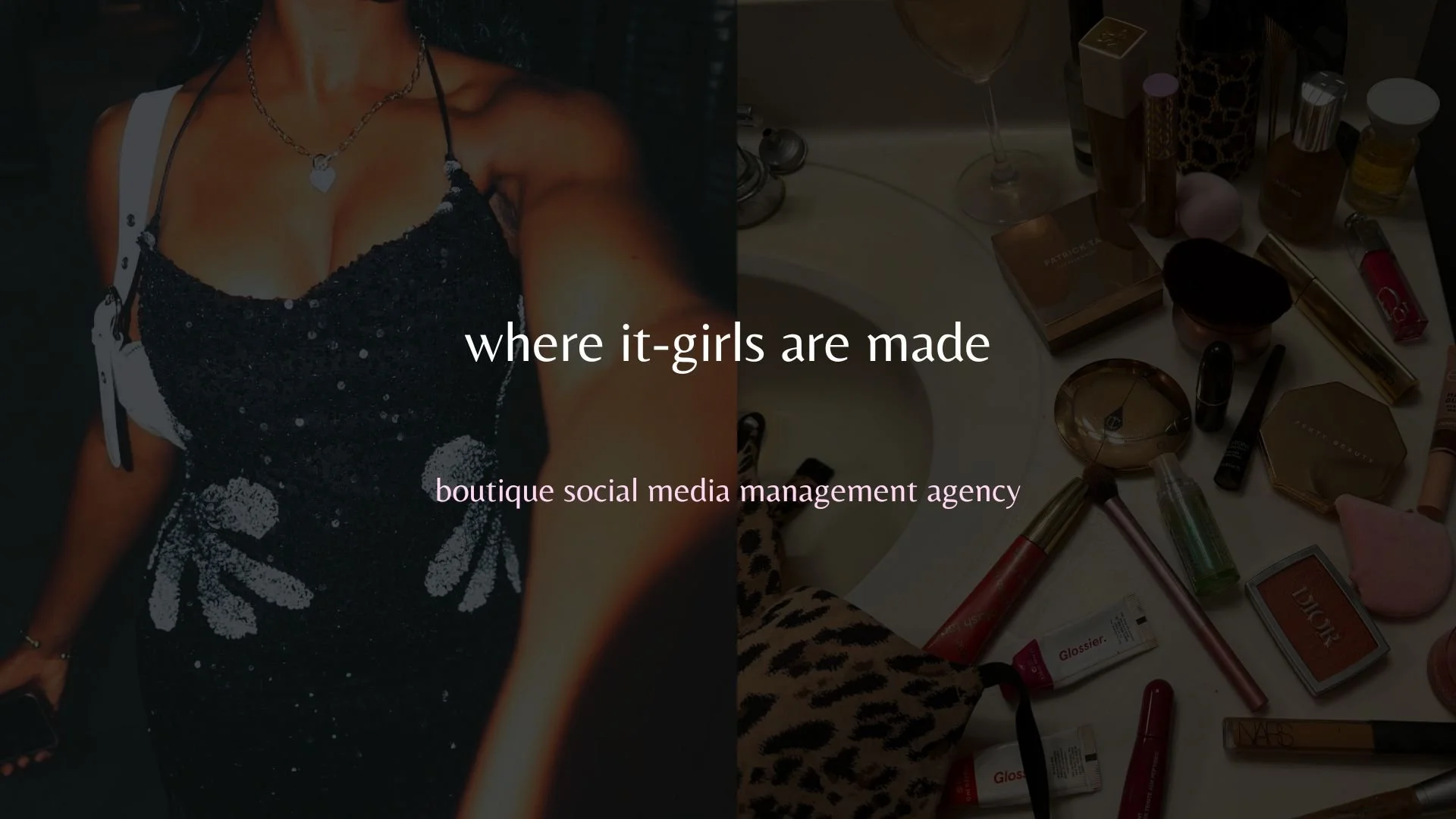 A woman wearing a black, glittery dress and a silver necklace stands beside a vanity table with cosmetics and beauty products on it.