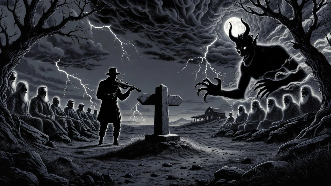 A dark, ominous scene with lightning and storm clouds where a violinist plays near a stone cross, facing a demonic creature with horns and claws, surrounded by seated figures on trees, a house in the distance, and a full moon.